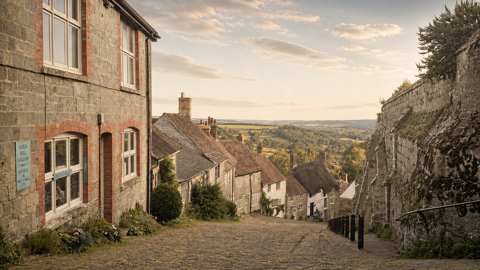 A cobbled road descending between old stone buildings toward a distant green landscape
